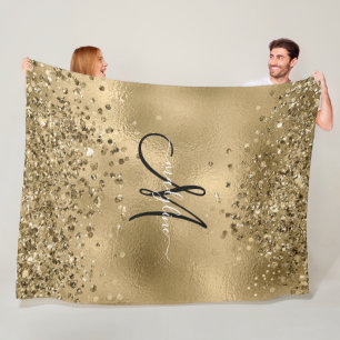 Chic Black Guld Glitter Monogram Namn Fleecefilt