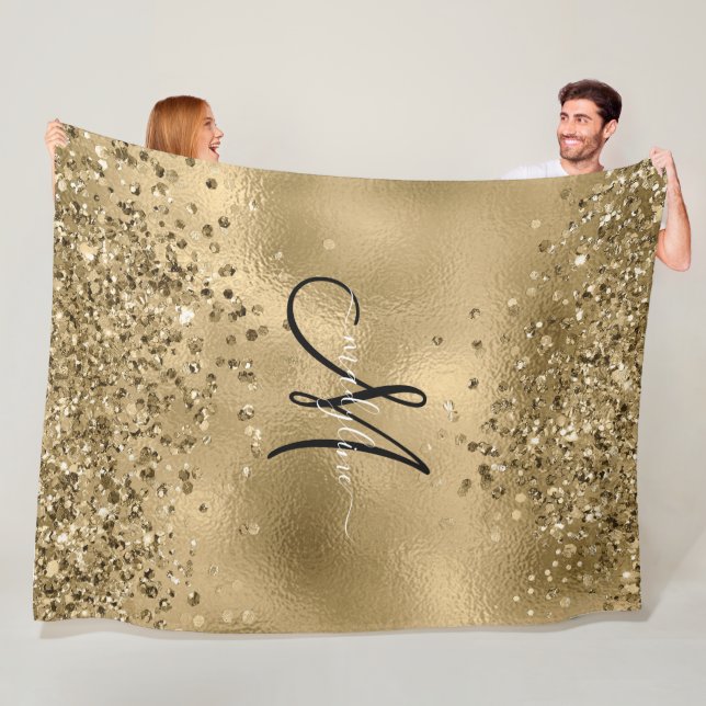 Chic Black Guld Glitter Monogram Namn Fleecefilt (På plats)
