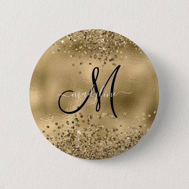 Chic Black Guld Glitter Monogram Namn Knapp (Framsida)