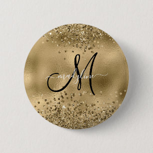 Chic Black Guld Glitter Monogram Namn Knapp