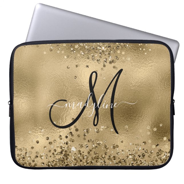 Chic Black Guld Glitter Monogram Namn Laptop Fodral (Framsidan)