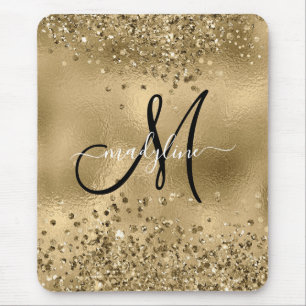 Chic Black Guld Glitter Monogram Namn Musmatta