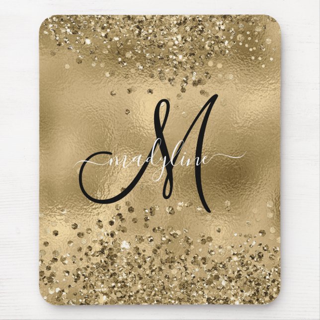 Chic Black Guld Glitter Monogram Namn Musmatta (Framsidan)
