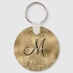Chic Black Guld Glitter Monogram Namn Nyckelring
