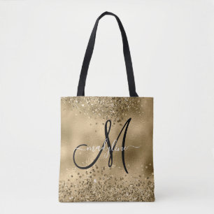 Chic Black Guld Glitter Monogram Namn Tygkasse