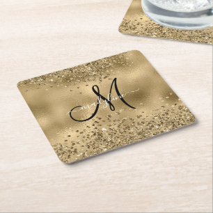 Chic Black Guld Glitter Monogram Namn Underlägg Papper Kvadrat