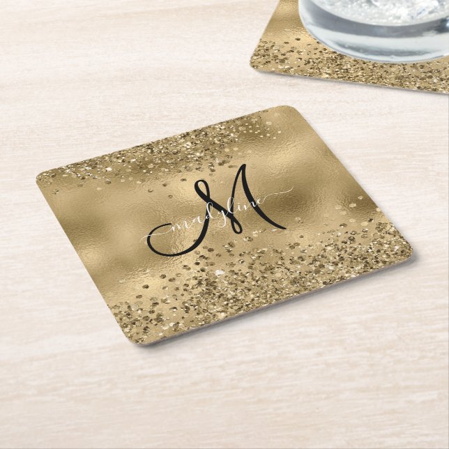 Chic Black Guld Glitter Monogram Namn Underlägg Papper Kvadrat (Vinklad)