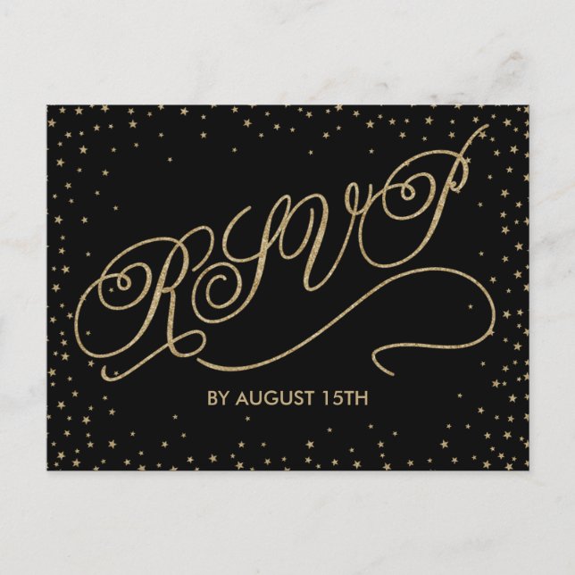 Chic Black & Guld Glitter Stars OSA Postcard Inbjudan Vykort (Framsida)