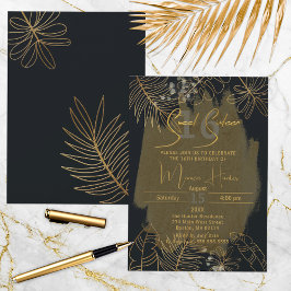 Chic Black Guld Glittery Tropical Foliage Sweet 16 Inbjudningar