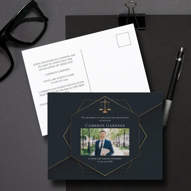 Chic Black Guld Law School Photo Studenten Meddelande Vykort (Skapare uppladdad)
