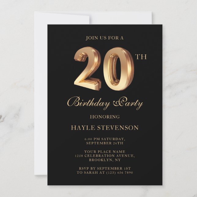 Chic Black & Guld Luxury Snyggt 20:e födelsedagen Inbjudningar (Framsida)