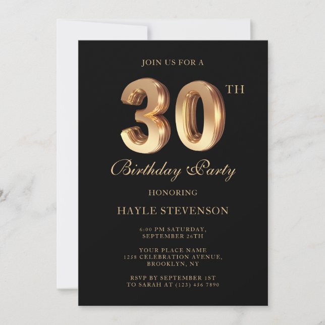 Chic Black & Guld Luxury Snyggt 30års födelsedag Inbjudningar (Framsida)
