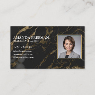 Chic Black & Guld Marble Photo Real Gods Agent Visitkort