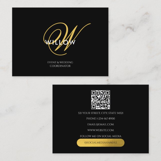 Chic Black & Guld Monogram QR-kod Visitkort (Fram/baksida)