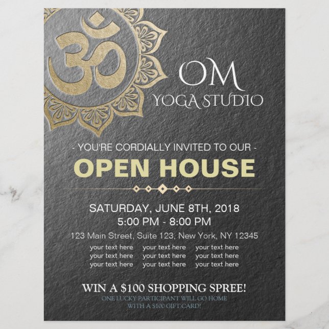 Chic Black Guld OM Mandala YOGA Studio Open House Reklamblad (Framsidan)