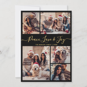 Chic Black Guld Peace Kärlek och Joy Script 5-foto Julkort