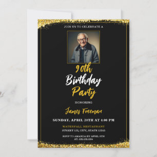 Chic Black & Guld Photo 90:e Birthday Inbjudningar