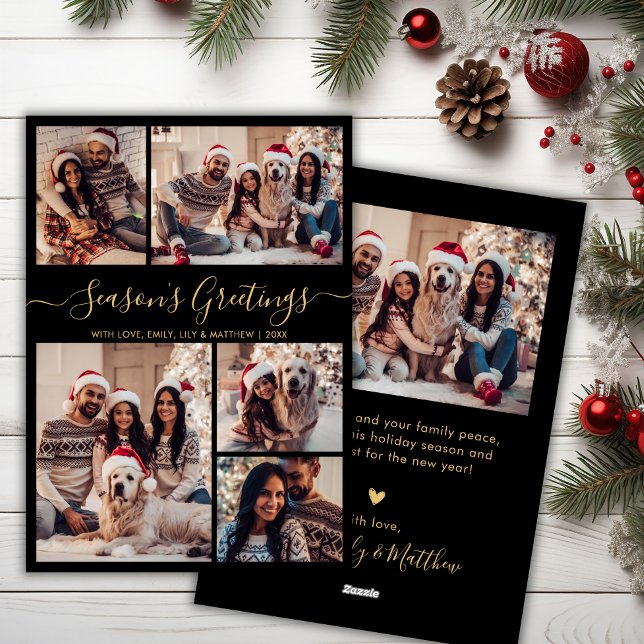 Chic Black Guld Säsonhälsningars Script 5 Photo Julkort (Skapare uppladdad)