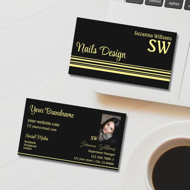 Chic Black Gult Rand med Monogram och Photo Visitkort (Skapare uppladdad)