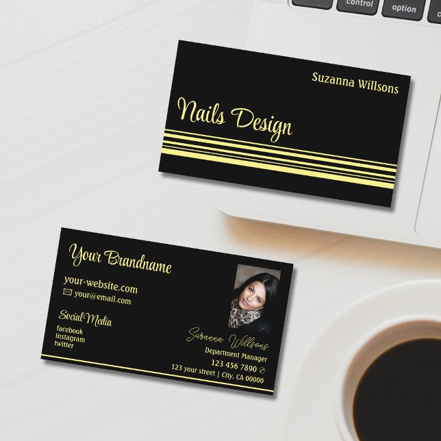 Chic Black Gult Rand med Photo Professionell Visitkort (Skapare uppladdad)