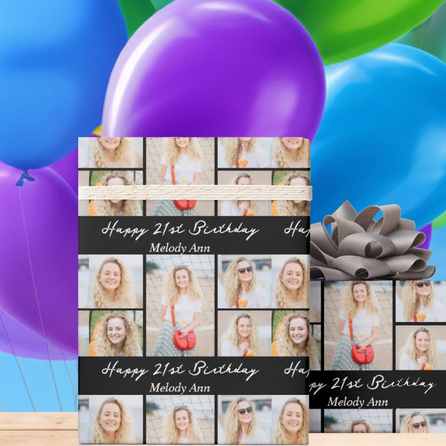 Chic Black Happy Birthday Photo Collage Presentpapper (Skapare uppladdad)