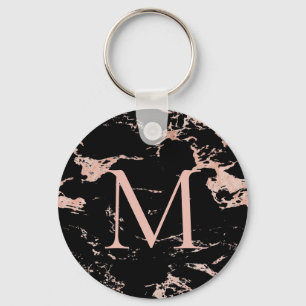 Chic Black Marble Ro Gold Foil Monogram Nyckelring