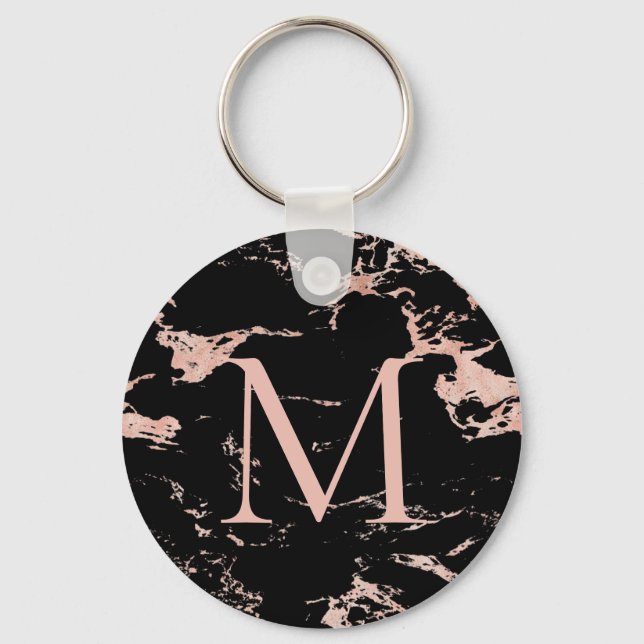 Chic Black Marble Ro Gold Foil Monogram Nyckelring (Framsida)