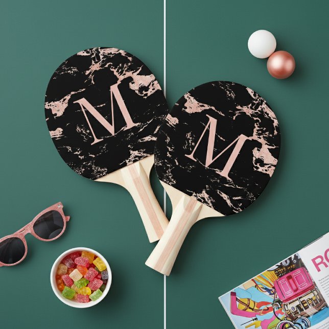 Chic Black Marble Ro Gold Foil Monogram Pingisracket (Chic Black Marble Rose Gold Foil Monogram Ping Pong Paddle)