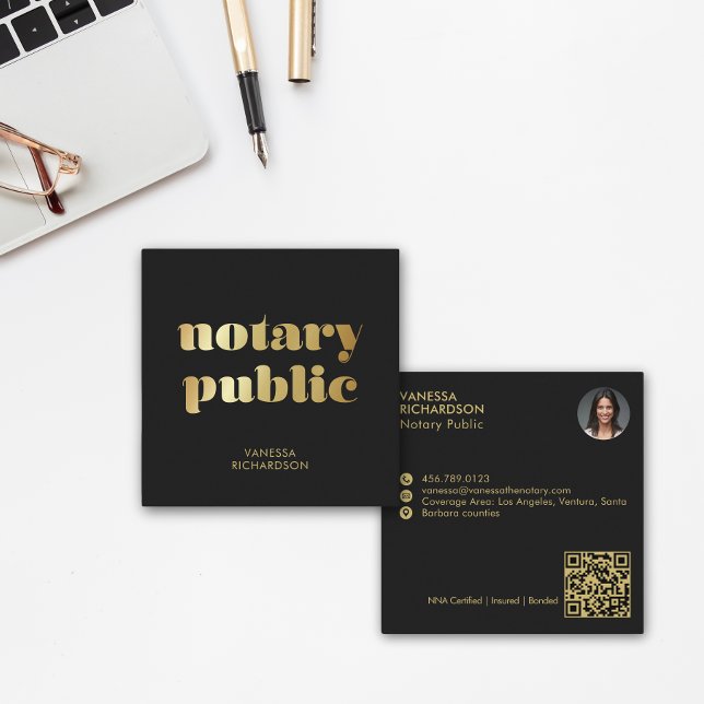 Chic Black Modern Guld Notary Public Marknadsförin Fyrkantigt Visitkort (Skapare uppladdad)