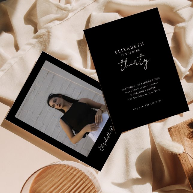 Chic Black Modern Thirty Photo Birthday Party Inbjudningar (Skapare uppladdad)