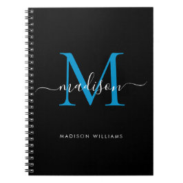 Chic Black Ocean Blue Monogram Script Namn Initial Anteckningsbok