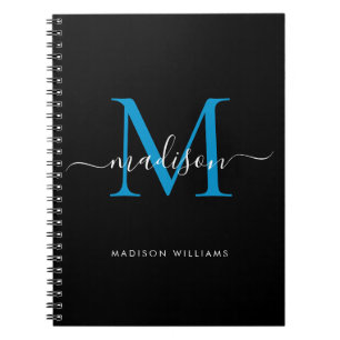 Chic Black Ocean Blue Monogram Script Namn Initial Anteckningsbok