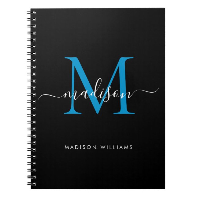 Chic Black Ocean Blue Monogram Script Namn Initial Anteckningsbok (Framsidan)