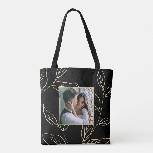 Chic Black och Faux Guld Botanical med Photo Tygkasse (Baksida)
