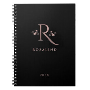 Chic Black och Faux Ro Guld R Brev Monogram Anteckningsbok