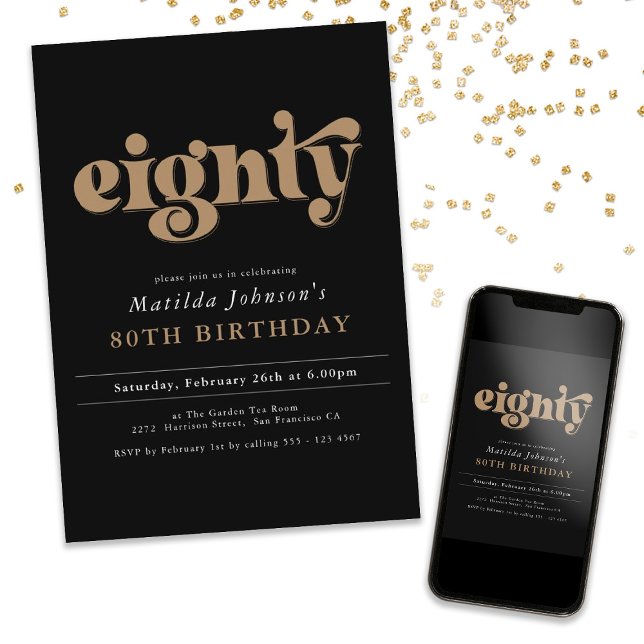 Chic Black och Guld 80:e Födelsedagsfest inbjudan (Chic Black and Gold 80th Birthday Party Invitation)