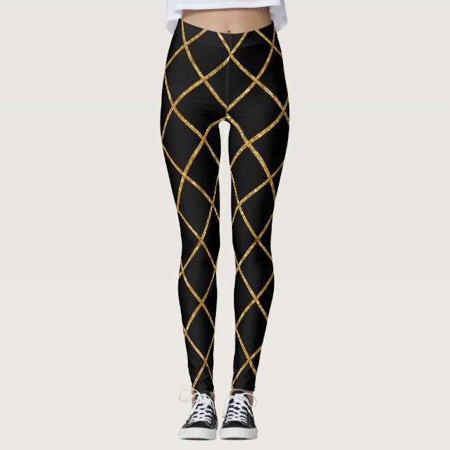 Chic Black och Guld Diamond Mönster Leggings (Framsida)