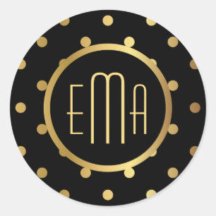 Chic Black och Guld Polka dots med Monogram Runt Klistermärke