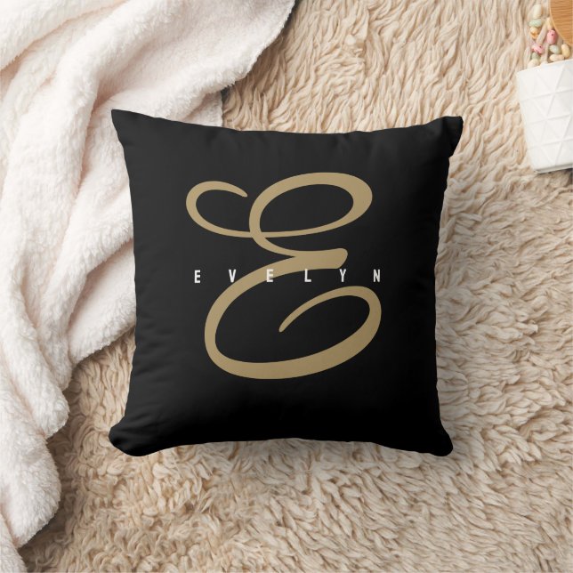Chic Black och Guld Script Monogram Kudde (Filt)