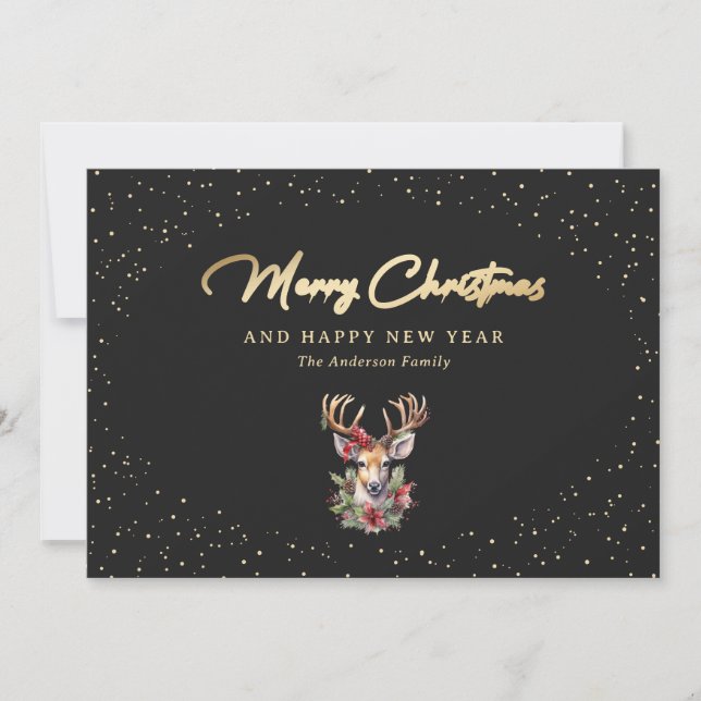 Chic Black och Guld Snö Reindeer God jul Julkort (Framsida)