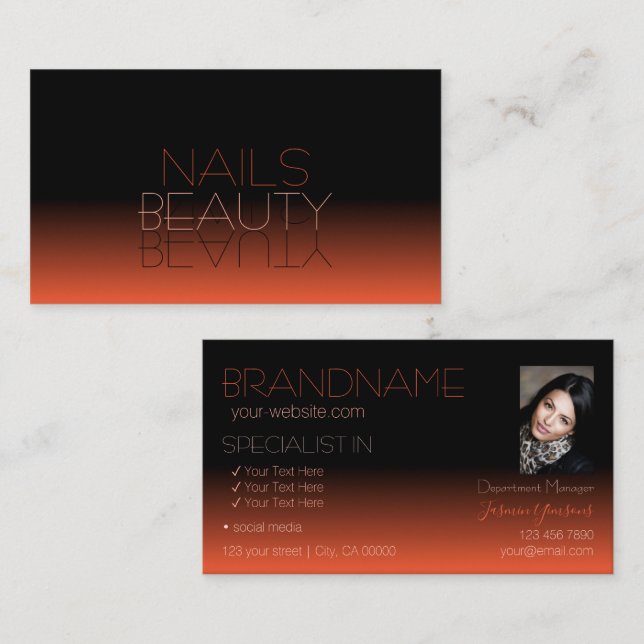 Chic Black Orange Spegel Font Classic med Photo Visitkort (Fram/baksida)
