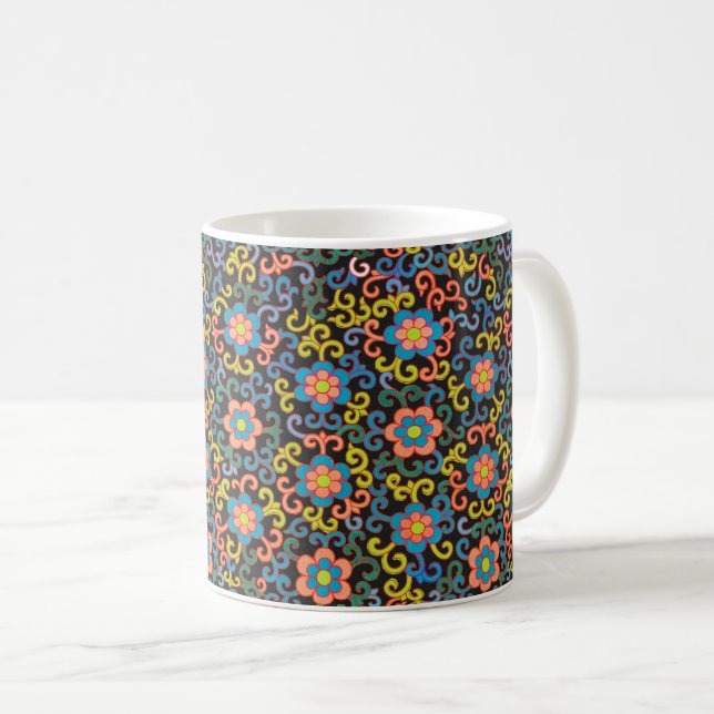 Chic Black Pattern with Colorful Floral  Kaffemugg (Framsida höger)