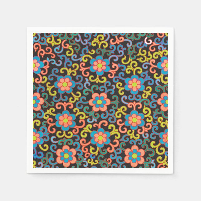 Chic Black Pattern with Colorful Floral  Pappersservett (Framsidan)