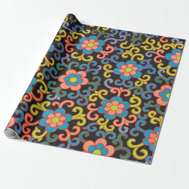 Chic Black Pattern with Colorful Floral  Presentpapper (Utrullad)