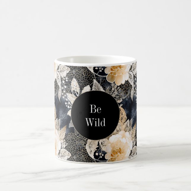 Chic Black Peach White Blommigt Leopard Animal Kaffemugg (Center)