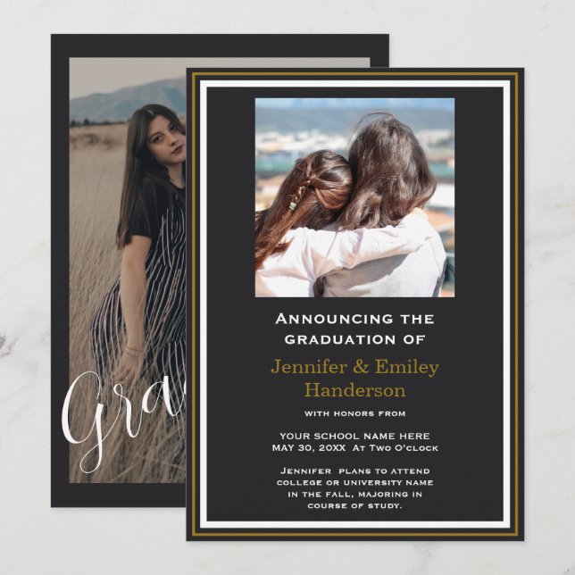 Chic Black photo double graduation Announcement Inbjudningar (Fram/baksida)
