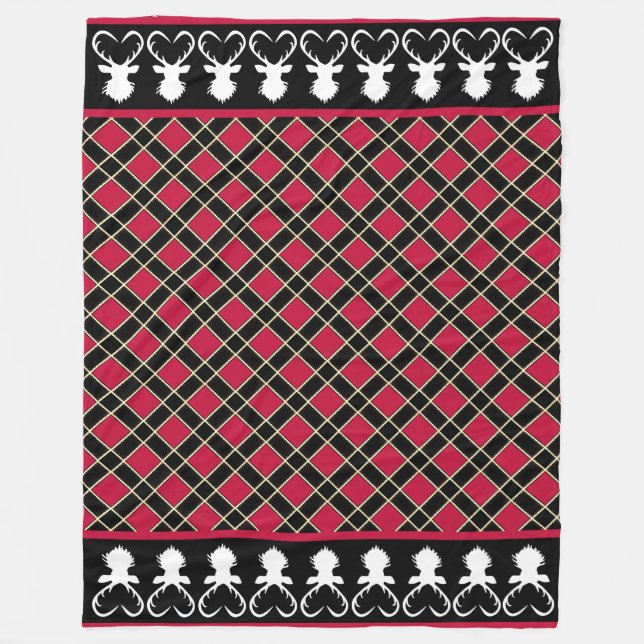 Chic Black Red Checkated & Reindeer Silhouettes Fleecefilt (Framsidan)