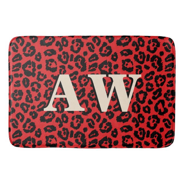 Chic Black Red Leopard Skriv ut Monogram Badrumsmatta (Framsidan)
