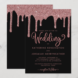 Chic Black Ro Guld Glam Glitter Bröllop Inbjudningar
