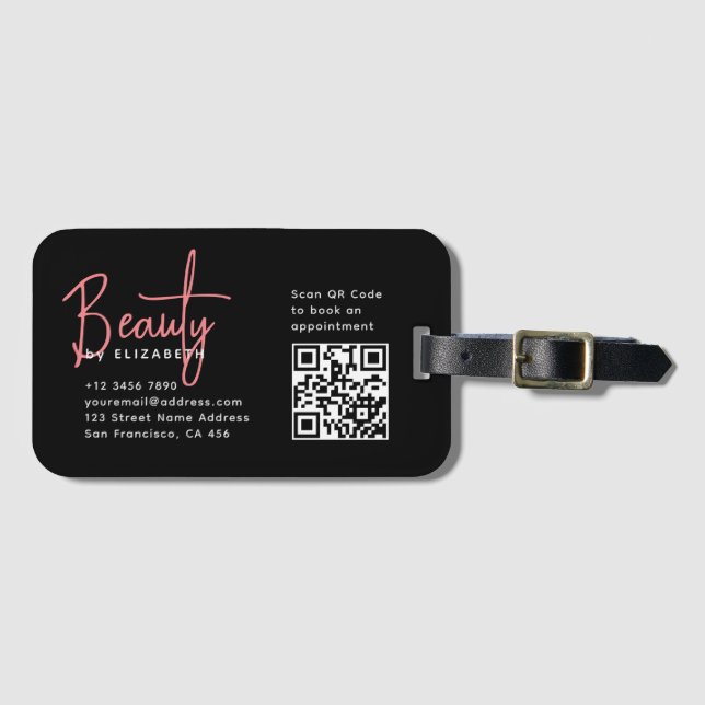 Chic Black Rosa Beauty Professionell QR-kod Bagagebricka (Framsida horisontal)